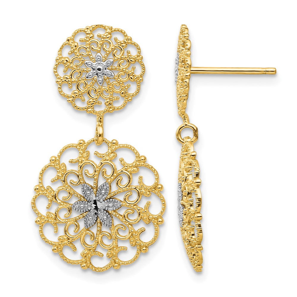 14K w/Rhodium D/C Filigree Medallion Drop Post Earrings - Product Photo