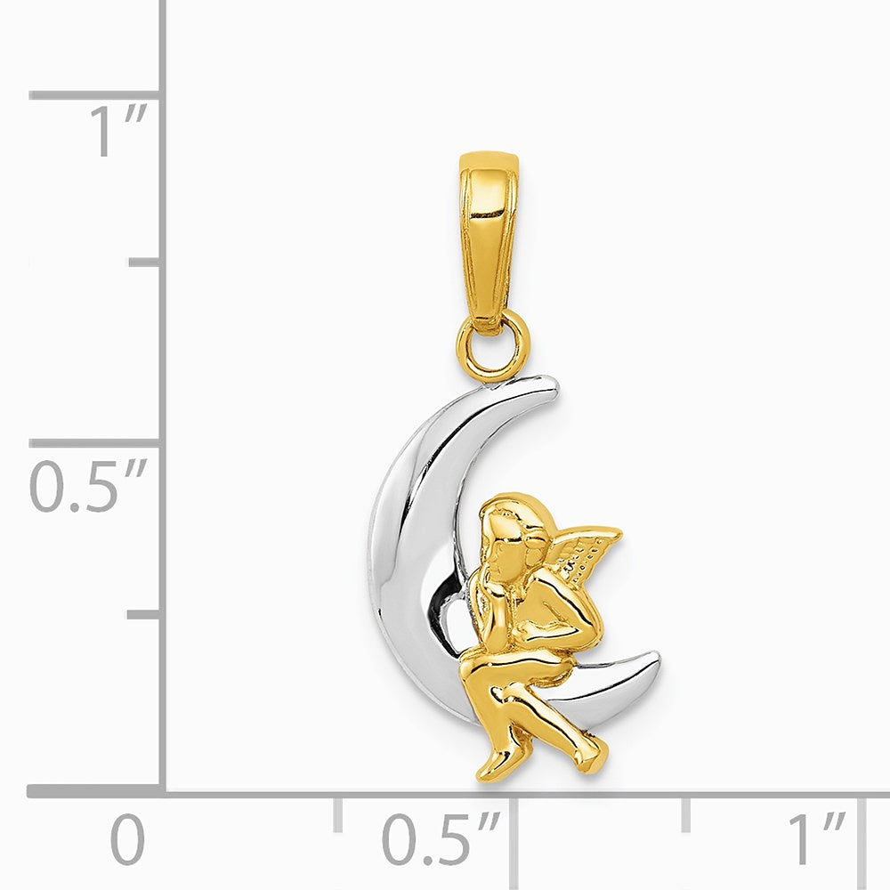 10K / 14K Yellow with Rhodium & Rhodium Polished Moon w/ Angel Pendant - Product Photo