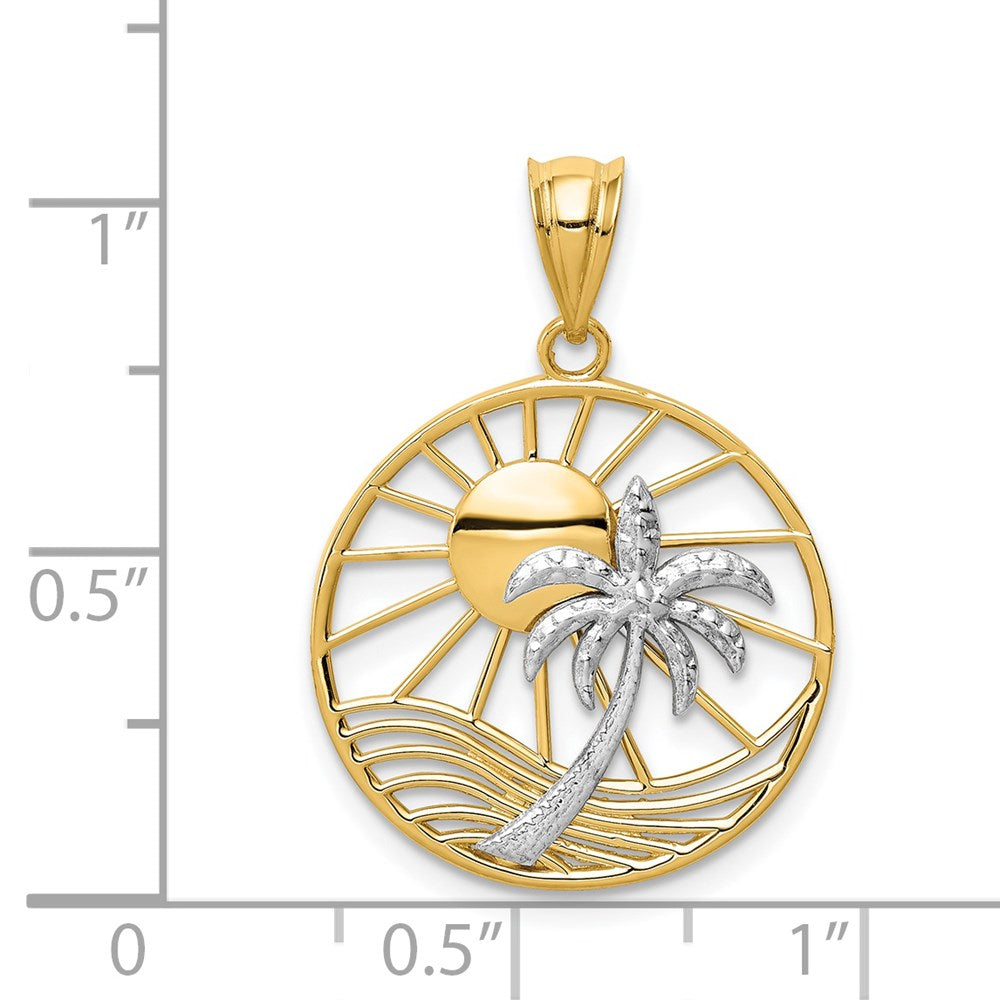 14K Two-tone Sun and Palm Tree Pendant - Product Photo