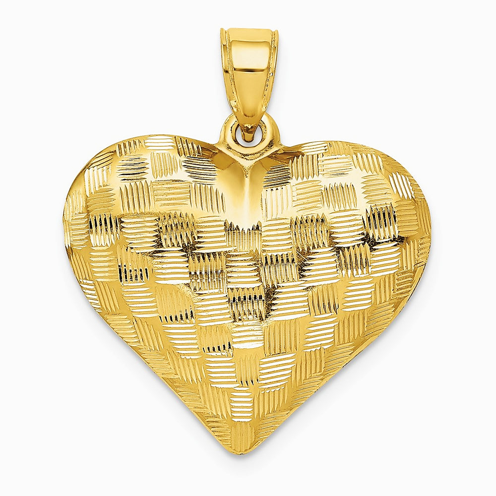 14K Yellow Gold Polished Basket Weave Pattern 3-D Heart Pendant