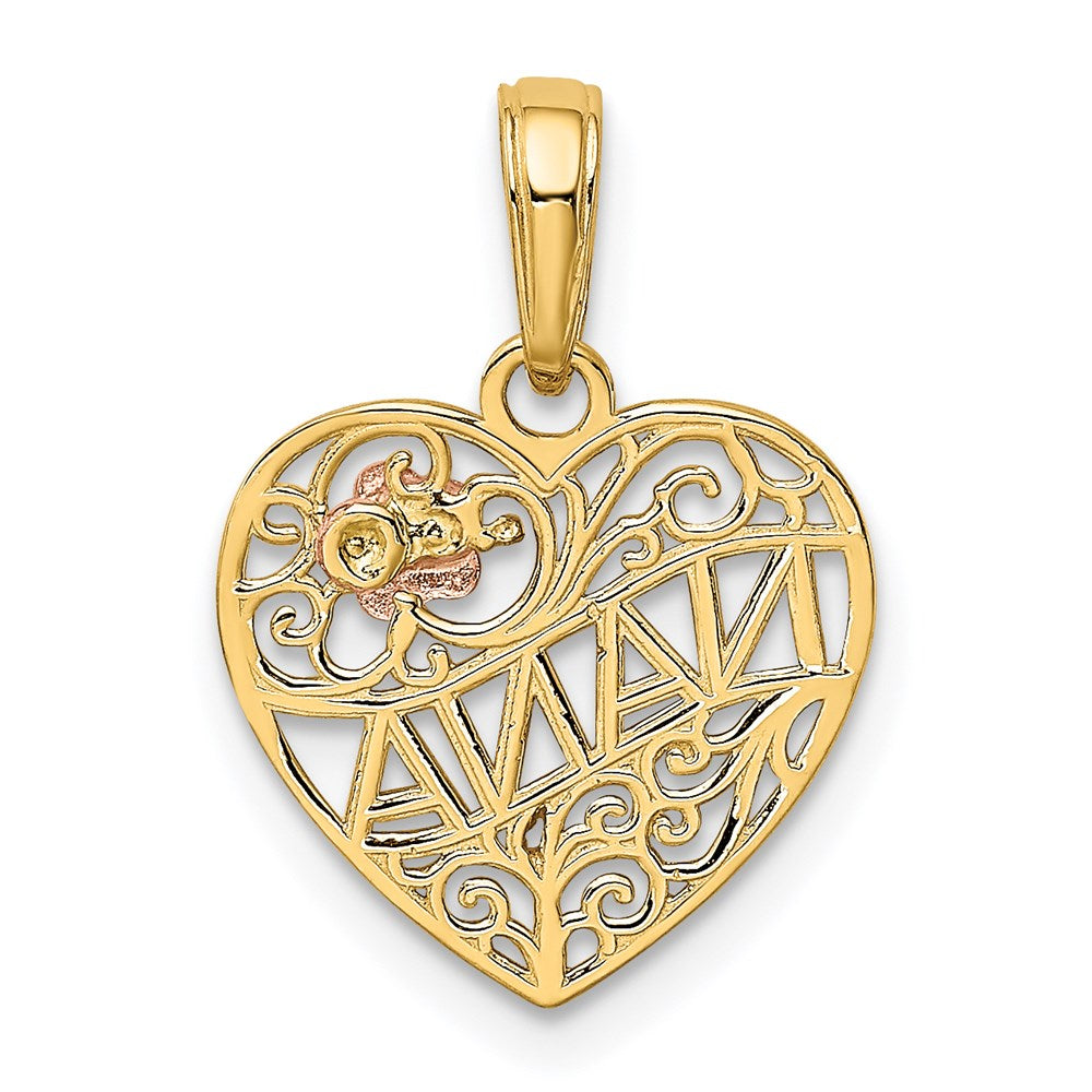 14K Two-tone Polished NANA with Flower on Heart Pendant - Product Photo