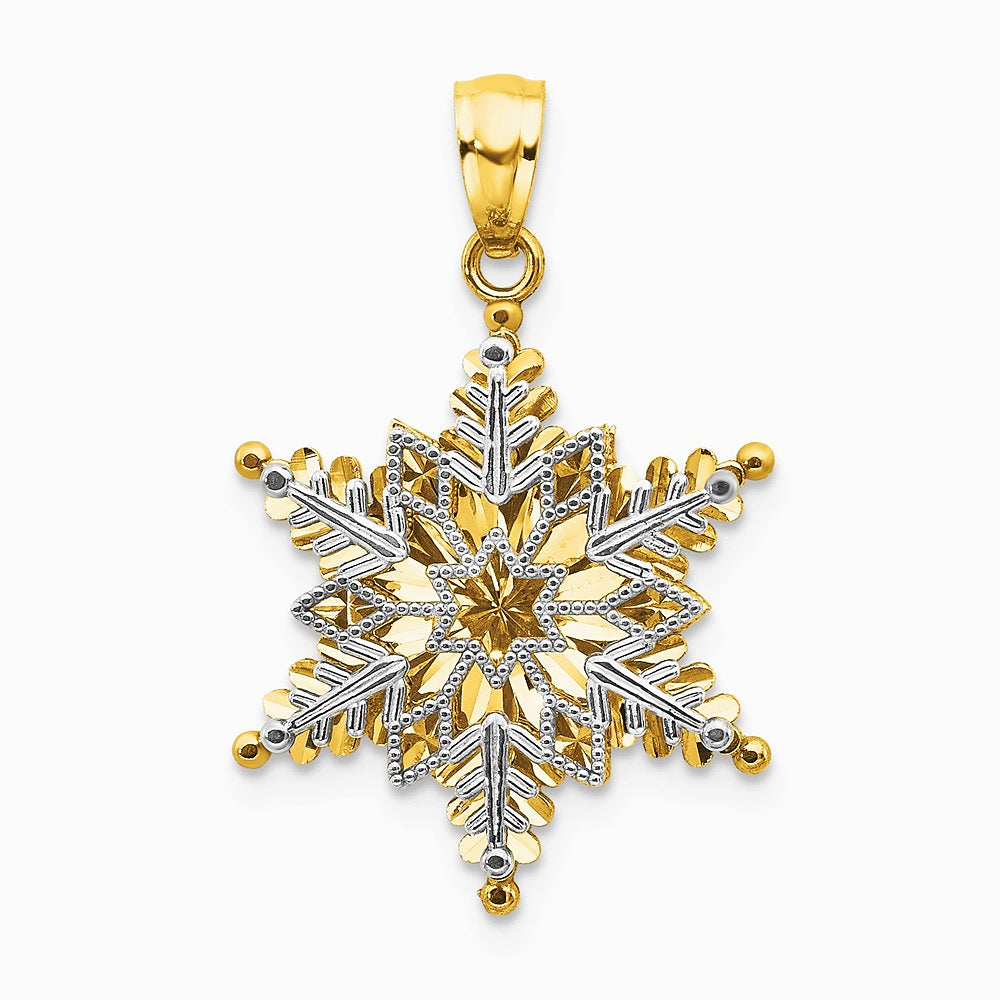 14K Two-tone Polished and Textured 2 Level Snowflake Pendant - Product Photo