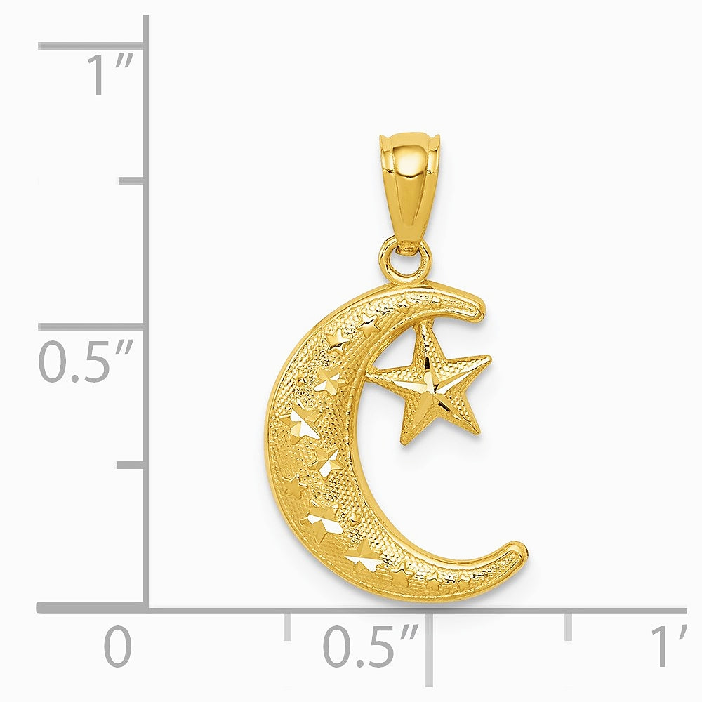 14K Yellow Gold Gold Polished and Textured Moon and Stars Pendant - Product Photo