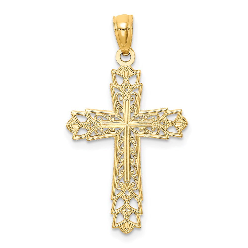 14k Gold Polished Filigree Cross Pendant - Product Photo