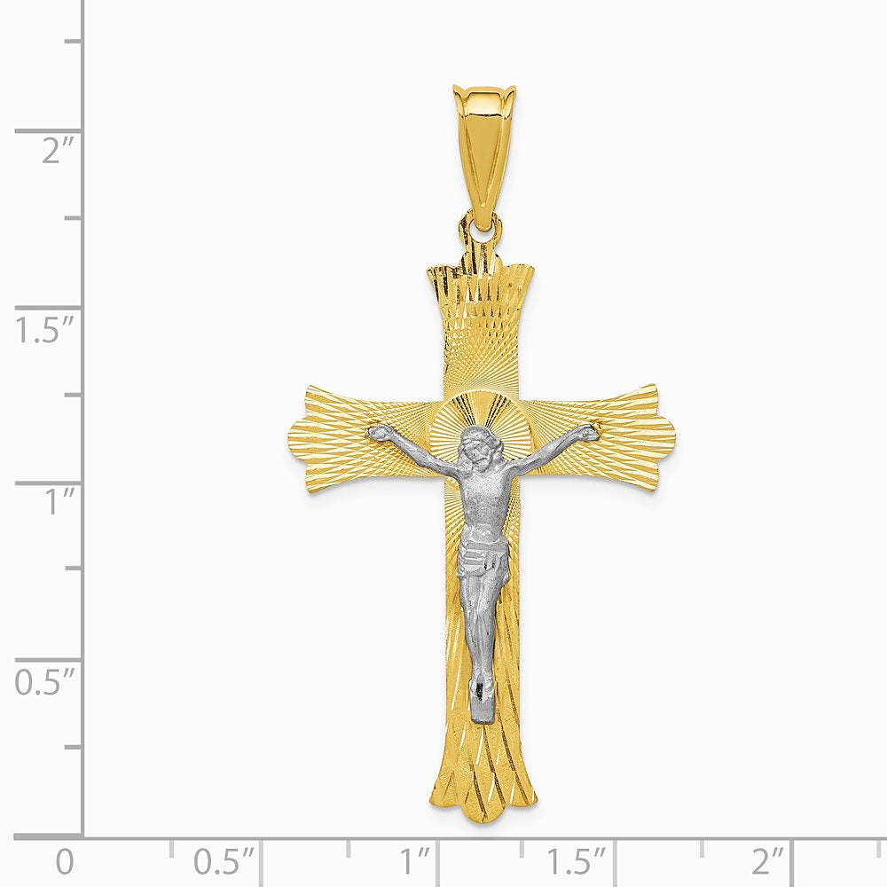 14K Two-Tone Polished Satin Diamond-Cut Crucifix Cross Pendant - Product Photo