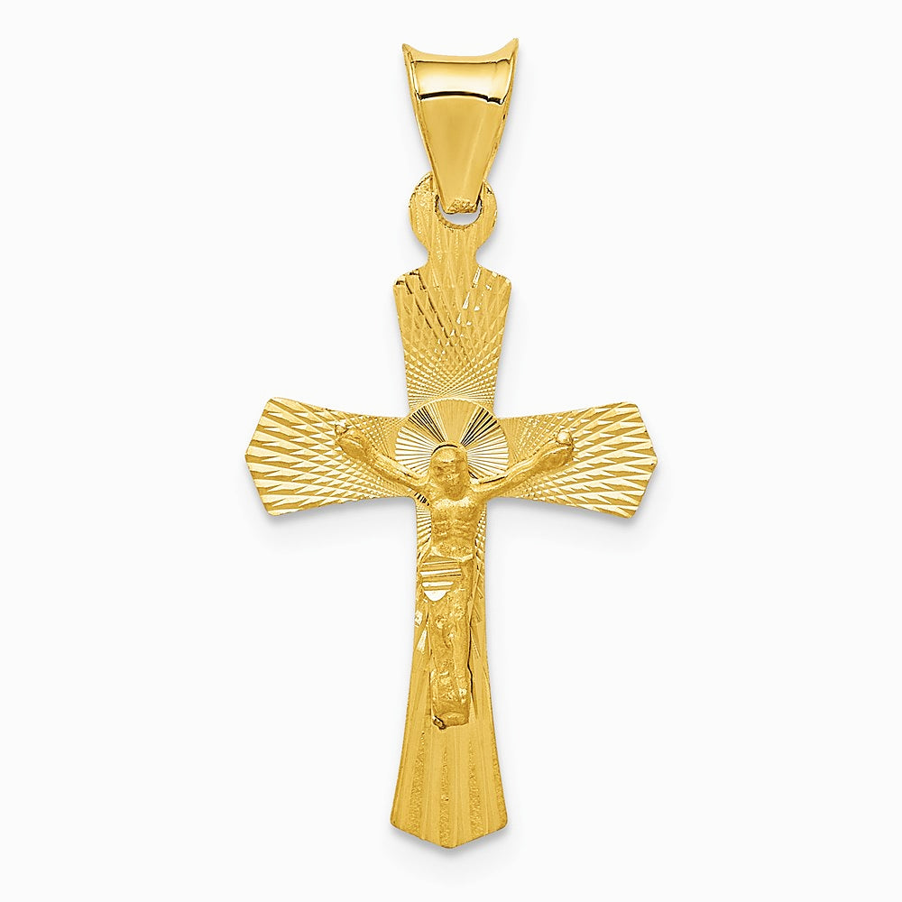 14K Yellow Gold Polished Satin and Diamond-Cut Crucifix Pendant