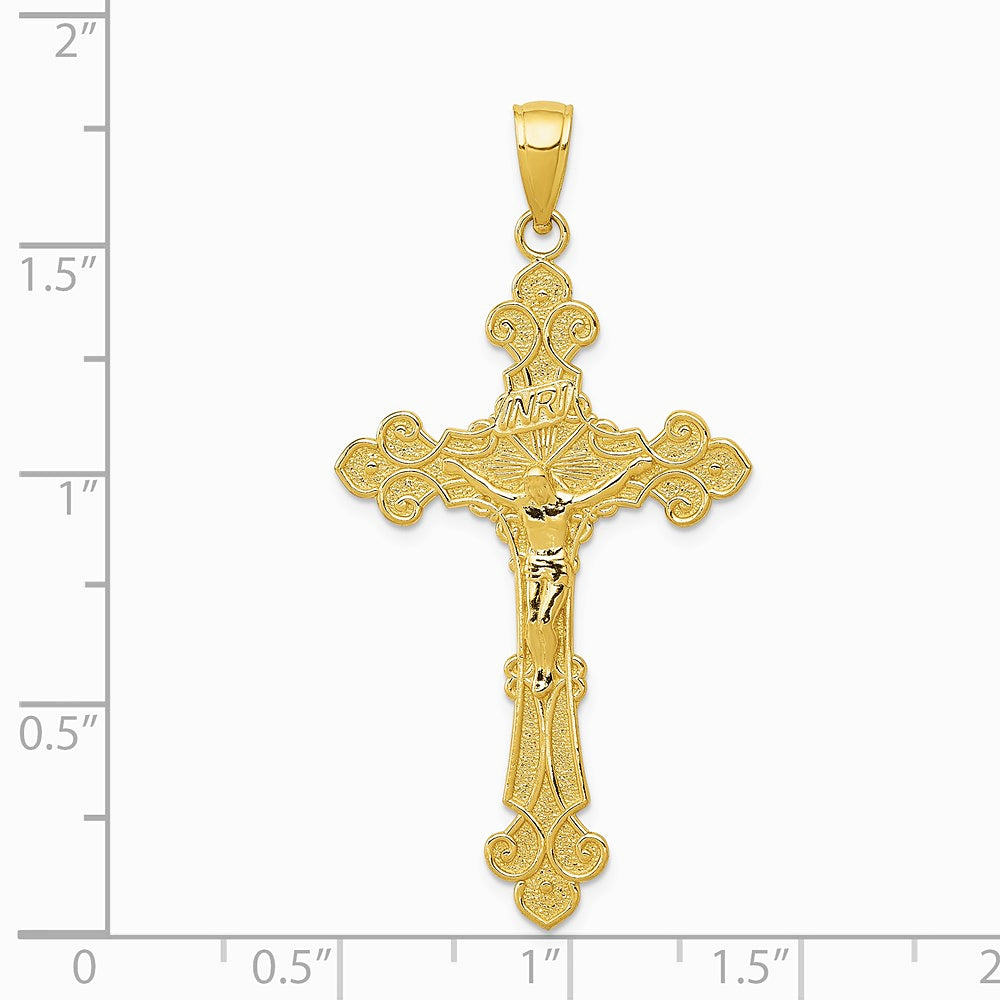 10K / 14K Yellow Gold Polished Textured INRI Crucifix Fleur de Lis Pendant - Product Photo