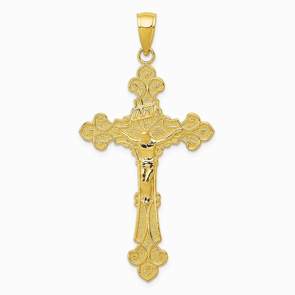 10K / 14K Yellow Gold Polished Textured INRI Crucifix Fleur de Lis Pendant - Product Photo