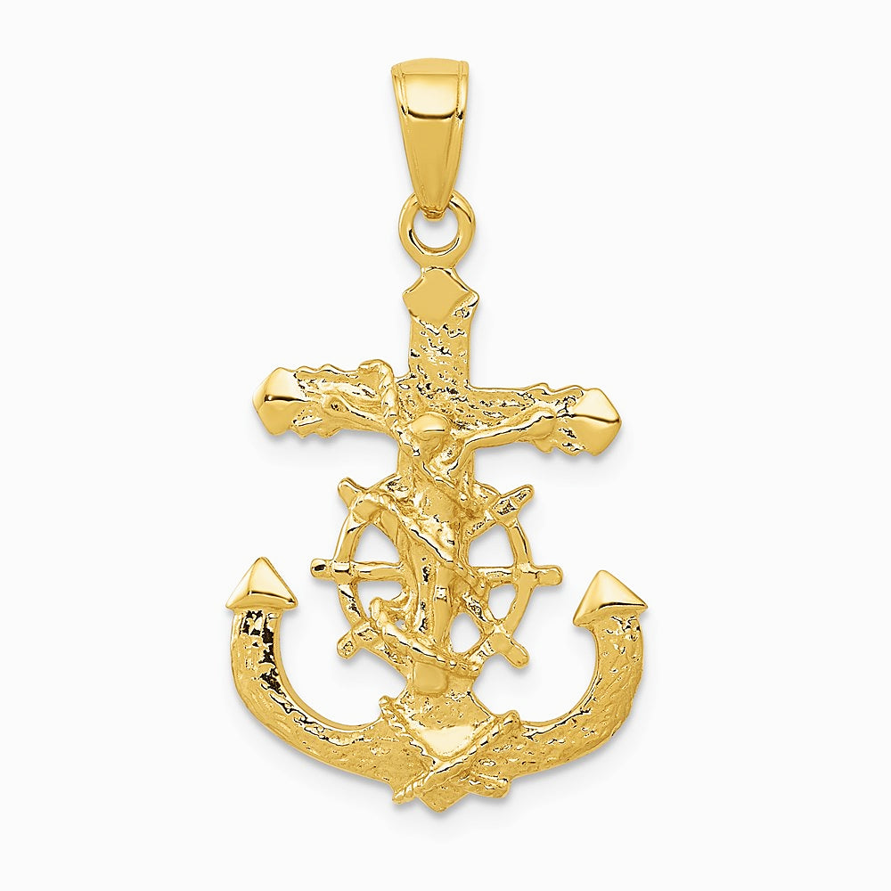 10K / 14K Yellow Gold Pol. & Textured 2-D Mariners Crucifix Rope/Wheel Pendant - Product Photo
