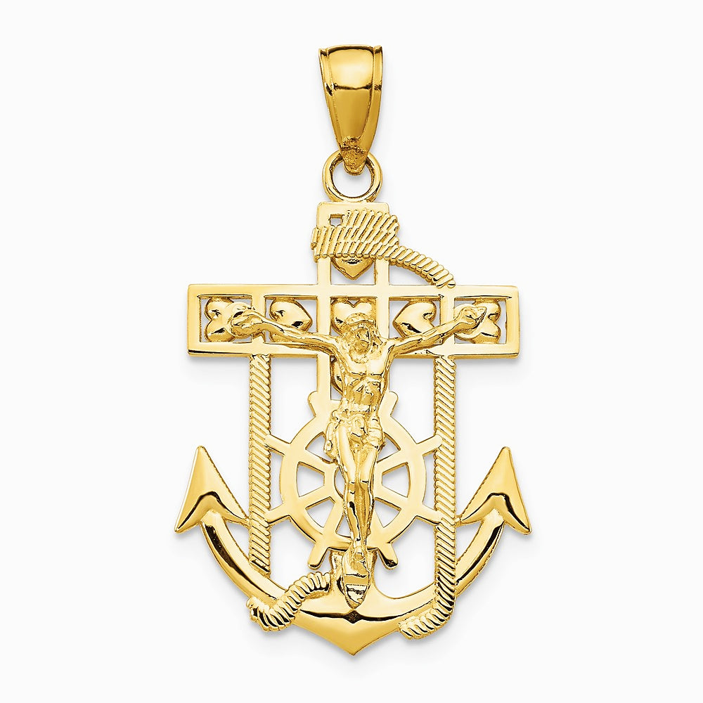 10K / 14K Yellow Gold Gold Polished & Textured Mini Mariners Crucifix Pendant - Product Photo