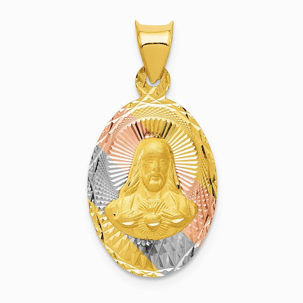 14K Yellow & RH with Rose and White RH Diamond-Cut Sagrado Corazon Oval Pendant - Product Photo