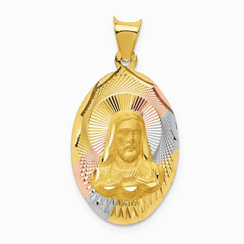 14K Yellow & RH with Rose and White RH Diamond-Cut Sagrado Corazon Oval Pendant