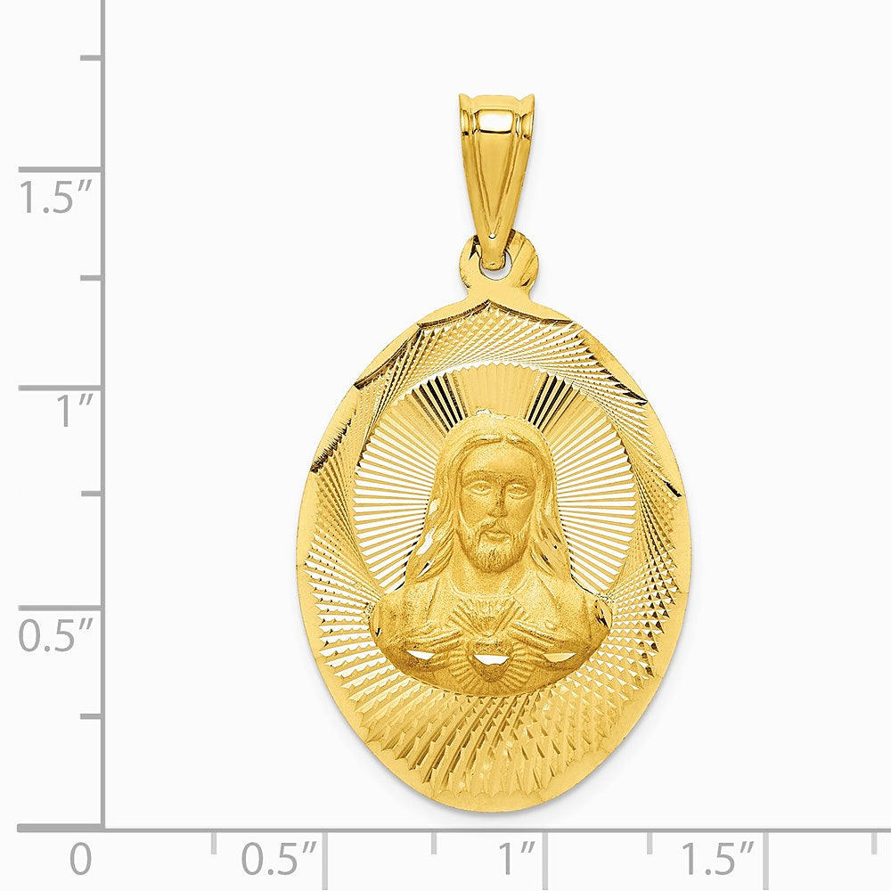 14K Yellow Gold Polished Diamond-Cut Sagrado Corazon Oval Pendant - Product Photo