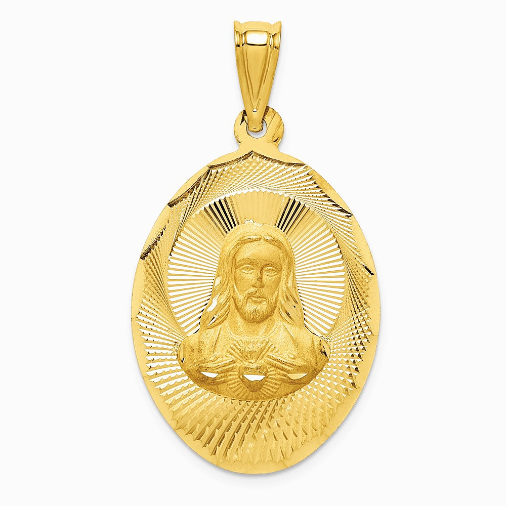 14K Yellow Gold Polished Diamond-Cut Sagrado Corazon Oval Pendant - Product Photo