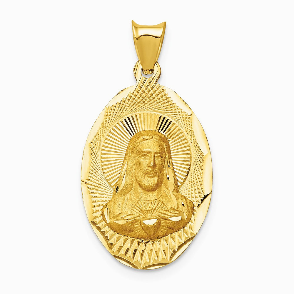 14K Yellow Gold Polished Diamond-Cut Sagrado Corazon Oval Pendant - Product Photo