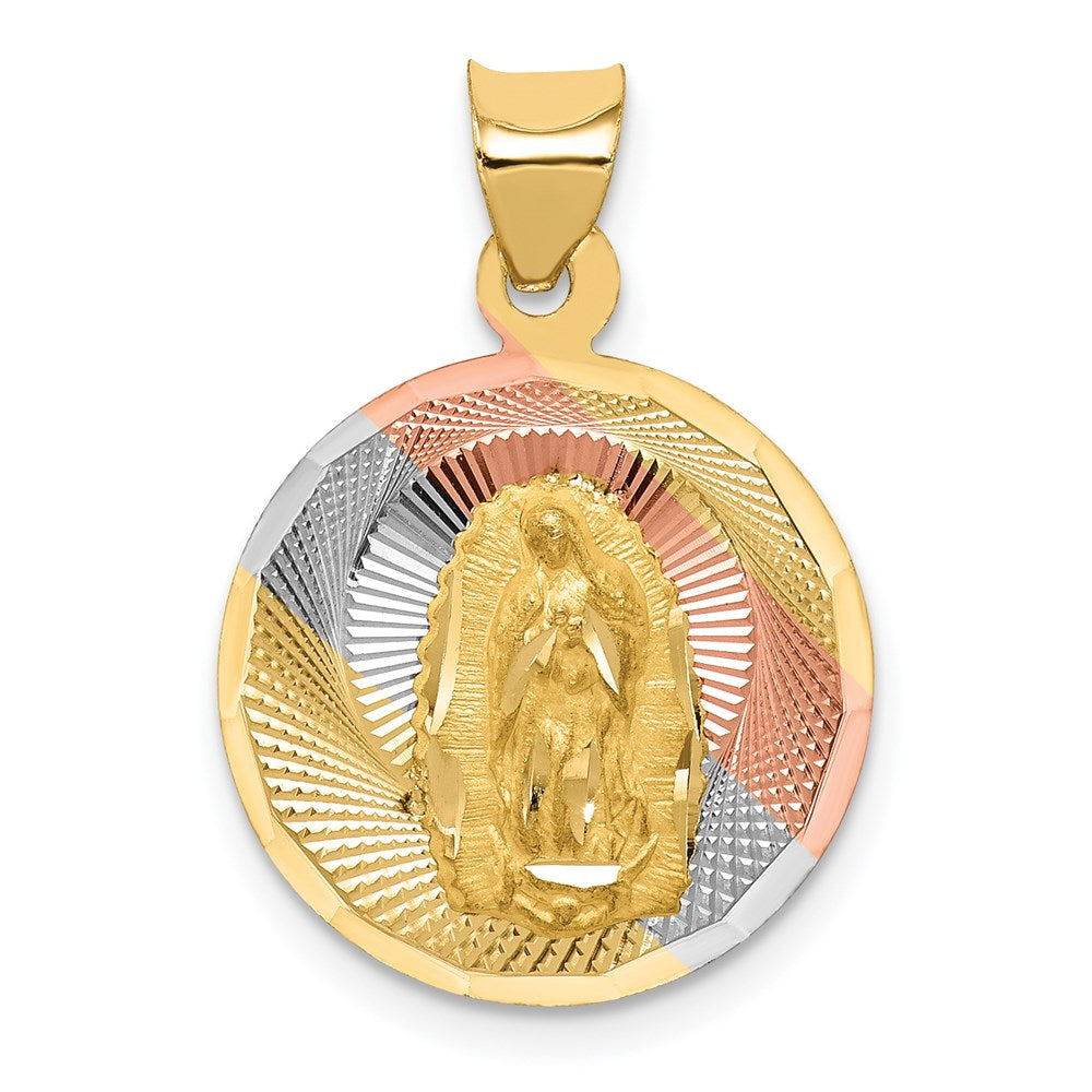 14K Yellow & RH with RH Polished Diamond-Cut Lady Of Guadalupe Circle Pendant