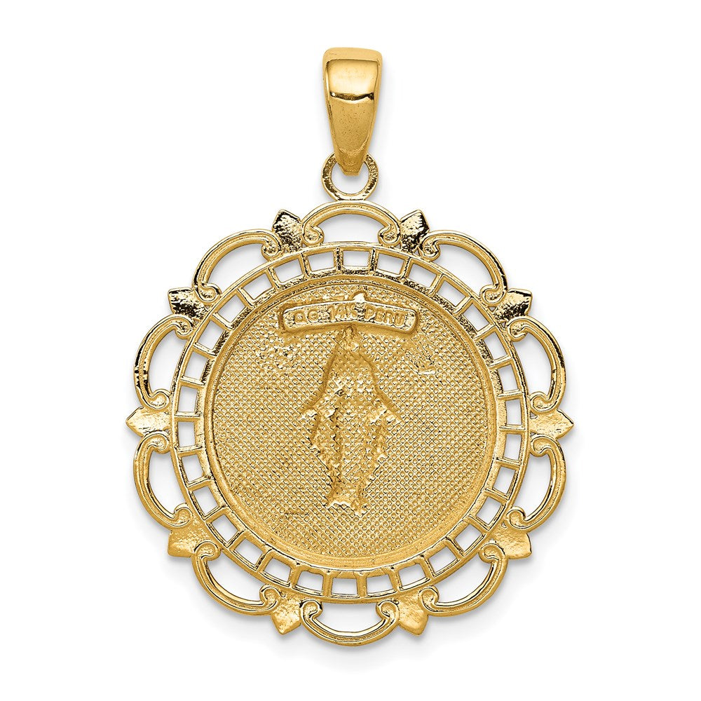10K / 14K Yellow Gold Polished Miraculous Medal With Scallop Frame Pendant - Product Photo