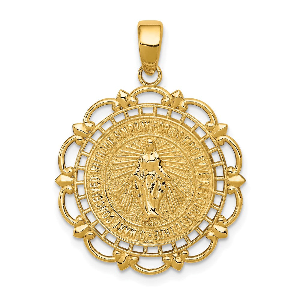 10K / 14K Yellow Gold Polished Miraculous Medal With Scallop Frame Pendant - Product Photo