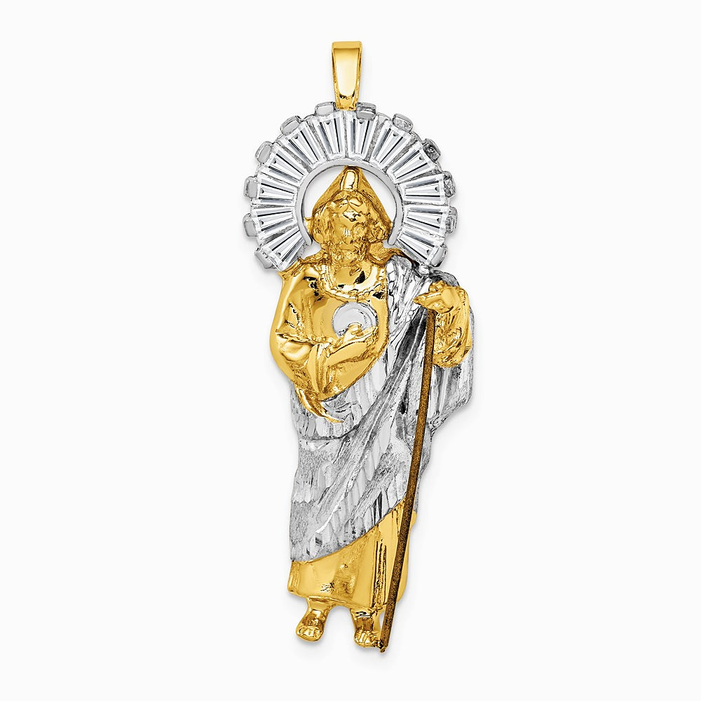 14K Yellow & Rhodium w/ Rhodium CZ Diamond-Cut Polished St. Jude Pendant - Product Photo