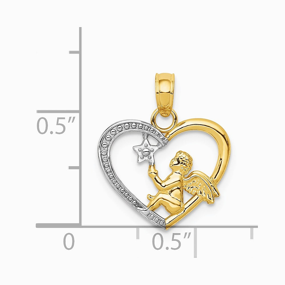 10K / 14K Yellow with Rhodium with Rhodium Angel in Heart w/ Star Pendant - Product Photo