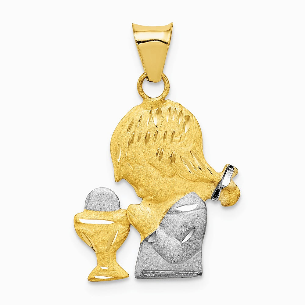 14K Yellow & Rhodium W/Rhodium Diamond-Cut Girl Communion Semi-solid Pendant - Product Photo