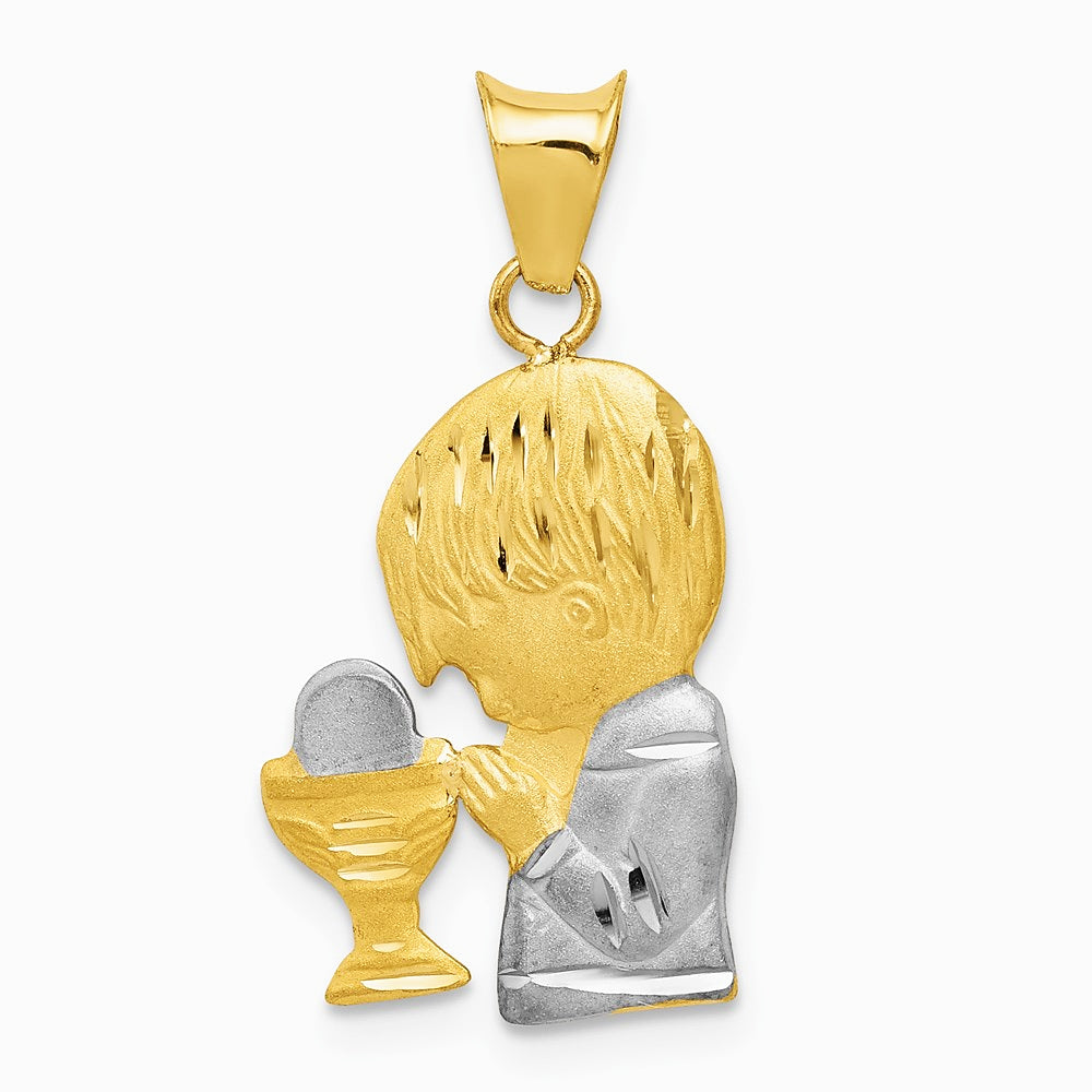 14K Yellow & Rhodium W/Rhodium Diamond-Cut Boy Communion Semi-solid Pendant