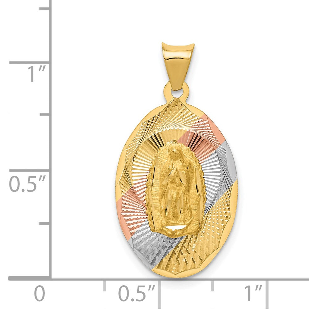 14K Yellow & Rhodium with Rhodium Diamond-Cut Lady Of Guadalupe Oval Pendant - Product Photo