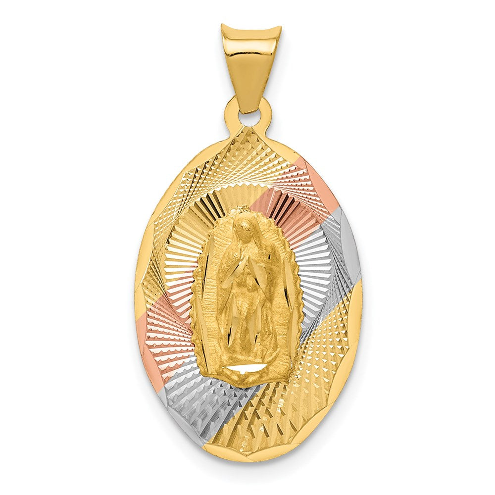 14K Yellow & Rhodium with Rhodium Diamond-Cut Lady Of Guadalupe Oval Pendant - Product Photo