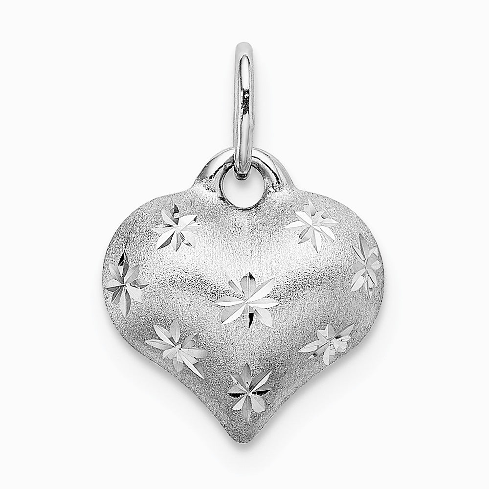 14K White Gold Satin Diamond-cut 3D Puffed Heart Pendant - Product Photo