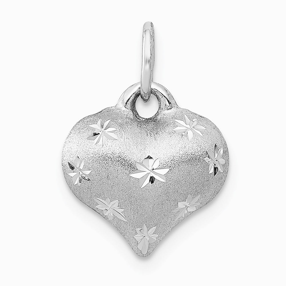 14K White Gold Satin Diamond-cut 3D Puffed Heart Pendant - Product Photo
