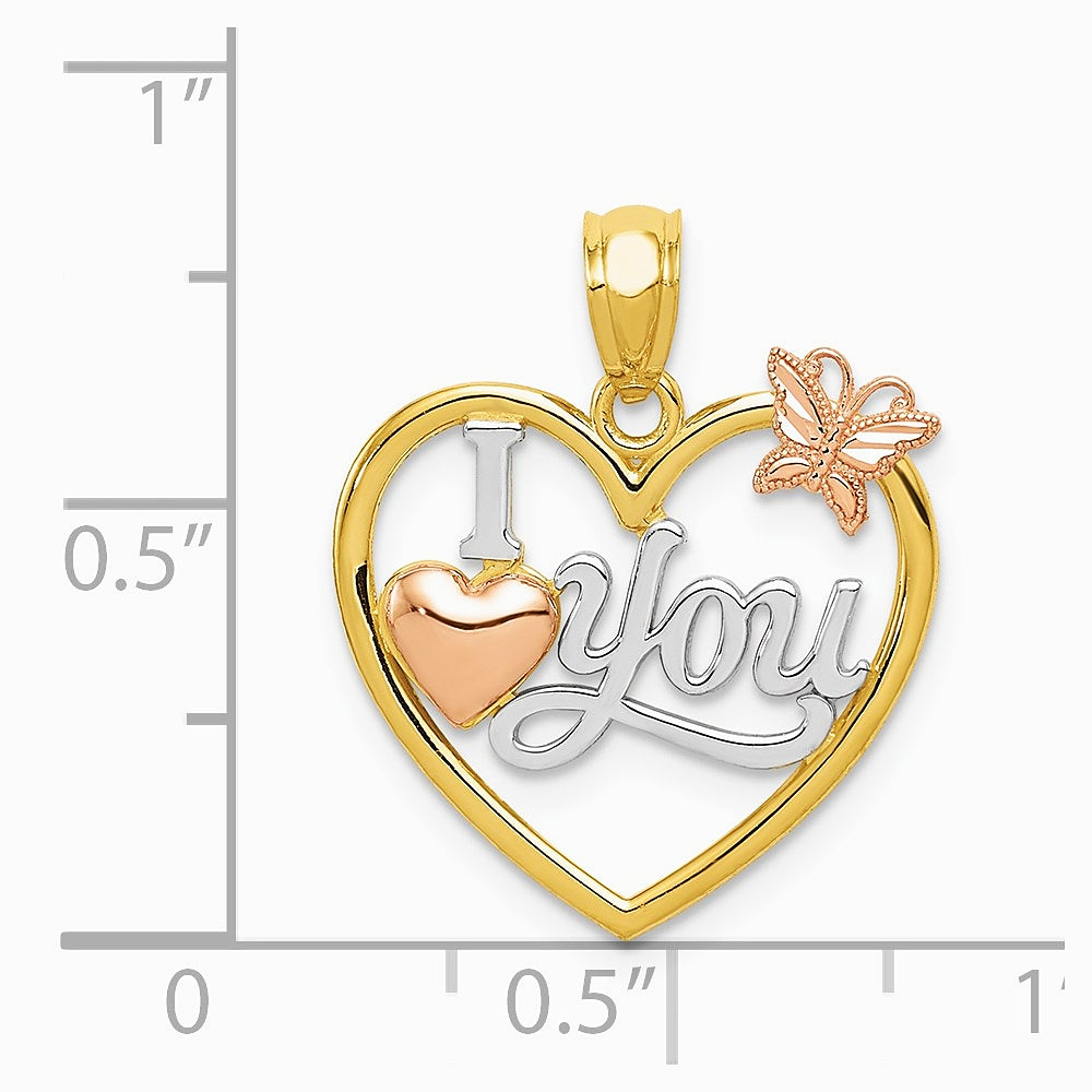 14K Two-tone with White Rhodium I LOVE YOU Heart with Butterfly Pendant - Product Photo