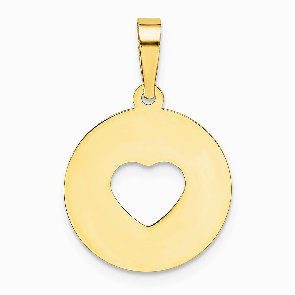 14K Yellow Gold Polished Cut-out Heart Circle Disc Pendant - Product Photo