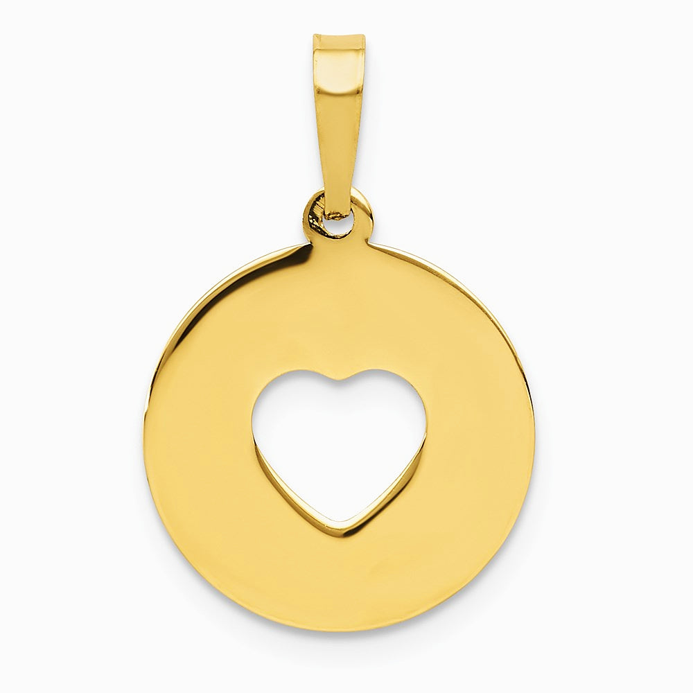 14K Yellow Gold Polished Cut-out Heart Circle Disc Pendant - Product Photo