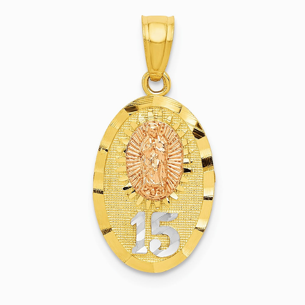 14K Two-tone with White Rhodium Diamond-Cut Lady of Guadalupe 15 Pendant