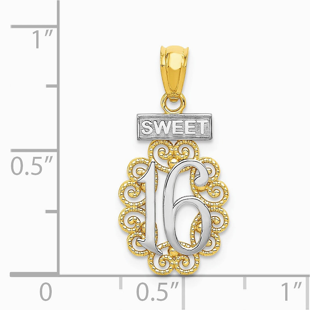 14K Yellow & Rhodium with Rhodium SWEET 16 with Filigree Pendant - Product Photo