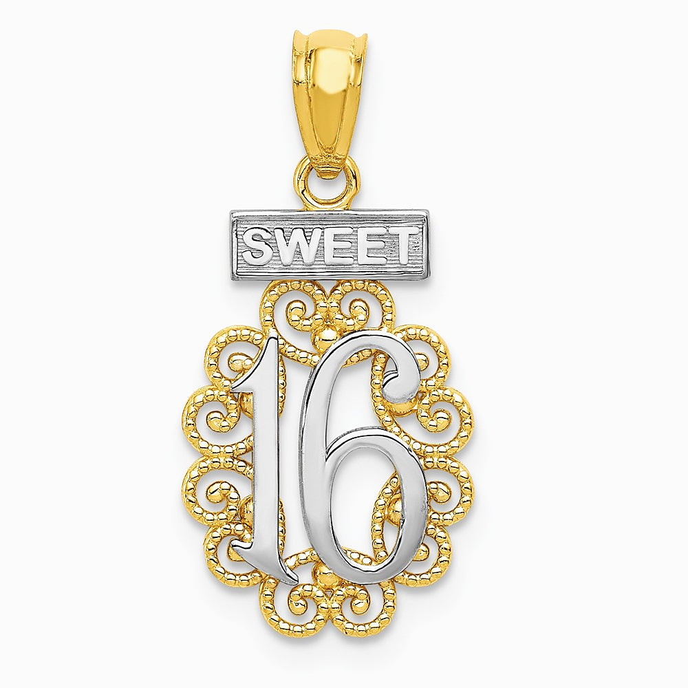 14K Yellow & Rhodium with Rhodium SWEET 16 with Filigree Pendant - Product Photo
