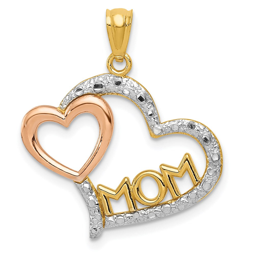 14K Two-tone with White Rhodium Diamond-cut MOM in Heart with Heart Pendant
