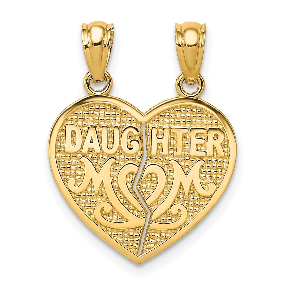 14K Yellow Gold Satin and Polished DAUGHTER-MOM Break Apart Heart Pendant - Product Photo