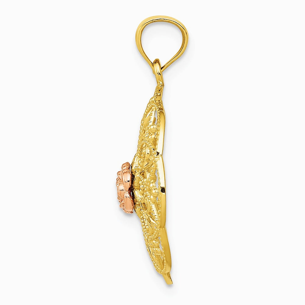 14K Two-tone Yellow and Rose Polished Rose in Round Filigree Charm - Product Photo