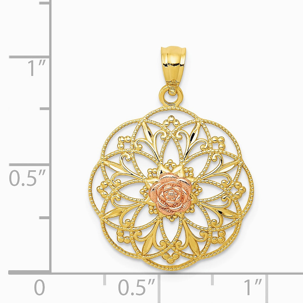 14K Two-tone Yellow and Rose Polished Rose in Round Filigree Charm - Product Photo