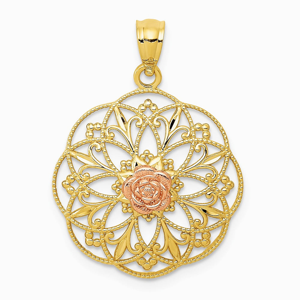 14K Two-tone Yellow and Rose Polished Rose in Round Filigree Charm - Product Photo