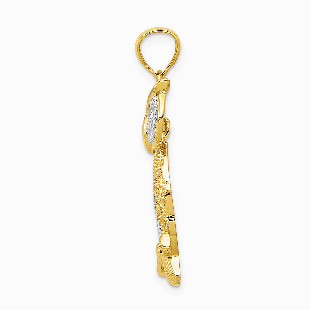 14K Yellow & Rhodium w/ Rhodium Diamond-cut Polished Moveable Owl Pendant - Product Photo