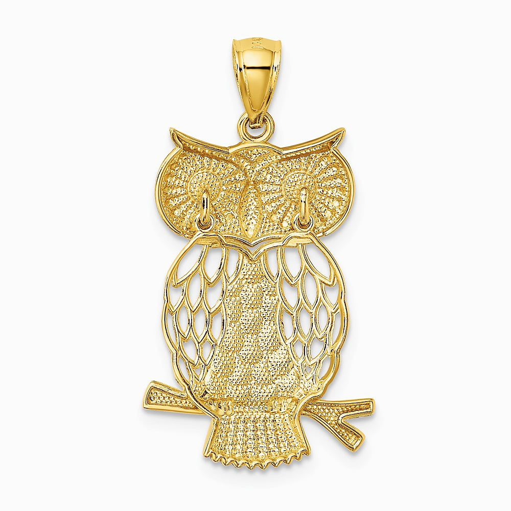 14K Yellow & Rhodium w/ Rhodium Diamond-cut Polished Moveable Owl Pendant - Product Photo