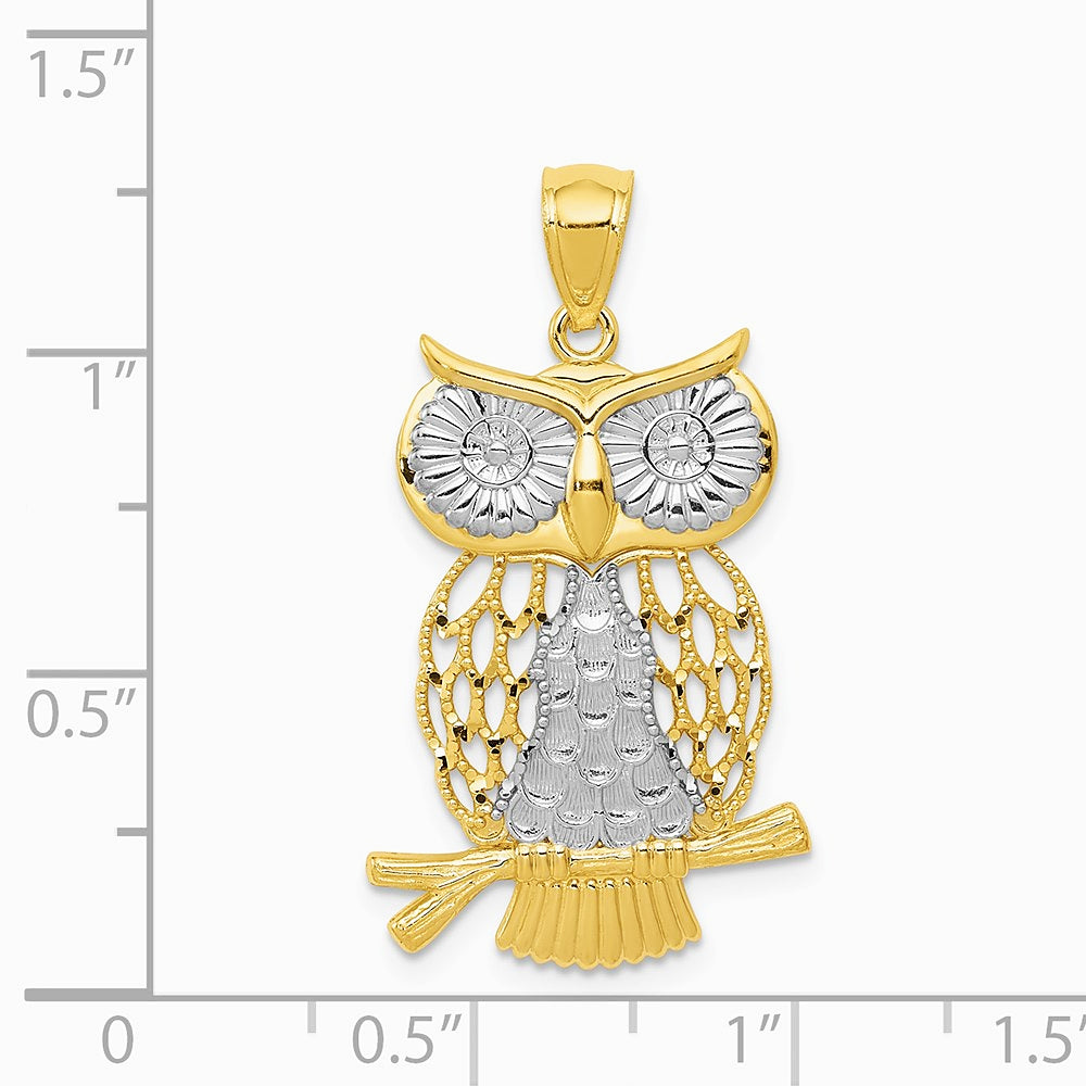 14K Yellow & Rhodium w/ Rhodium Diamond-cut Polished Moveable Owl Pendant - Product Photo