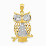 14K Yellow & Rhodium w/ Rhodium Diamond-cut Polished Moveable Owl Pendant - Product Photo