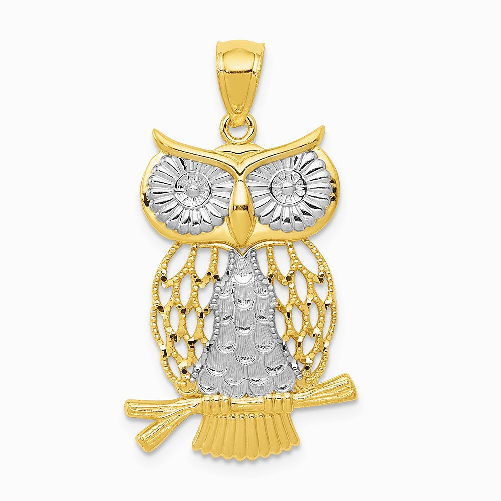 14K Yellow & Rhodium w/ Rhodium Diamond-cut Polished Moveable Owl Pendant