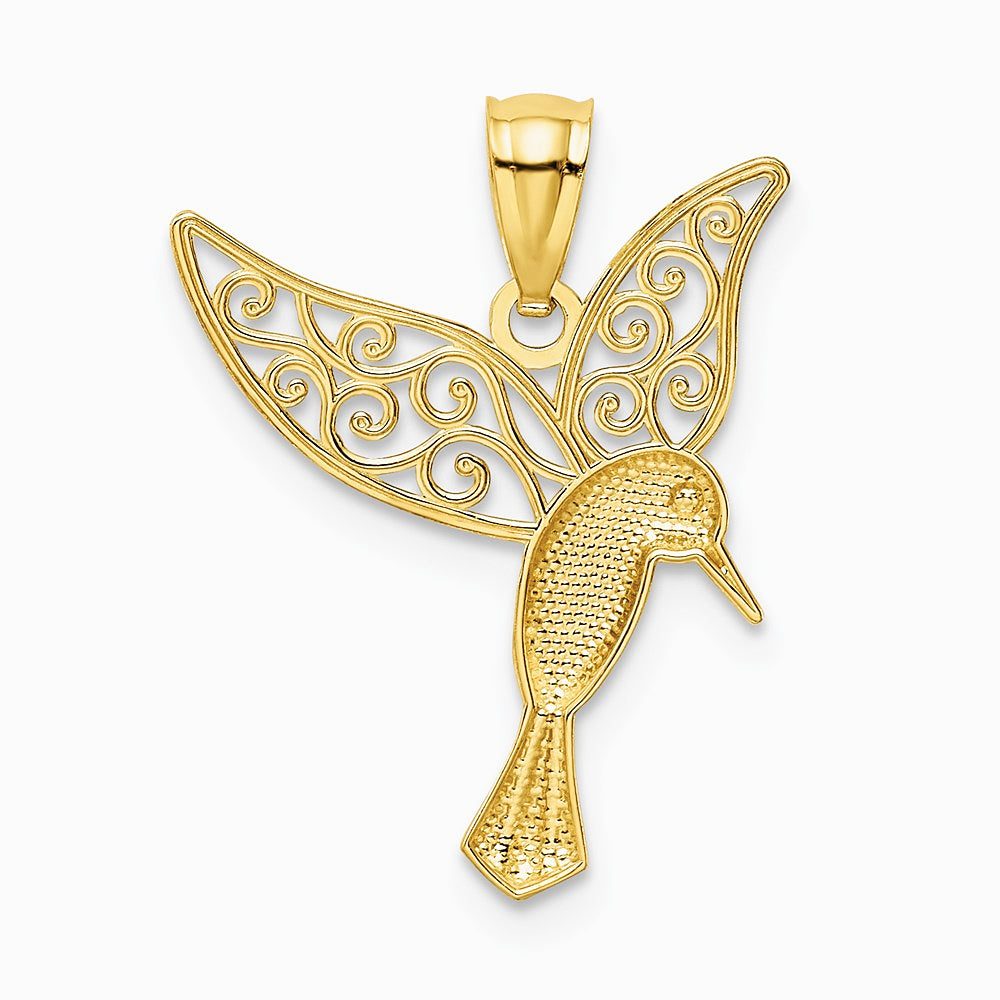 14K Yellow & Rhodium with Rhodium Polished Hummingbird Filigree Wings Pendant - Product Photo