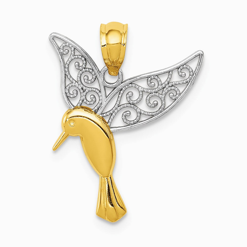 14K Yellow & Rhodium with Rhodium Polished Hummingbird Filigree Wings Pendant