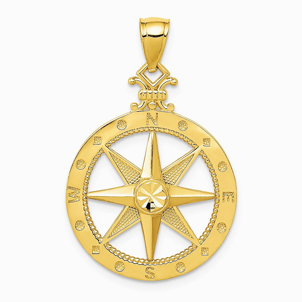14K Yellow Gold Diamond-cut Polished Compass Pendant - Product Photo