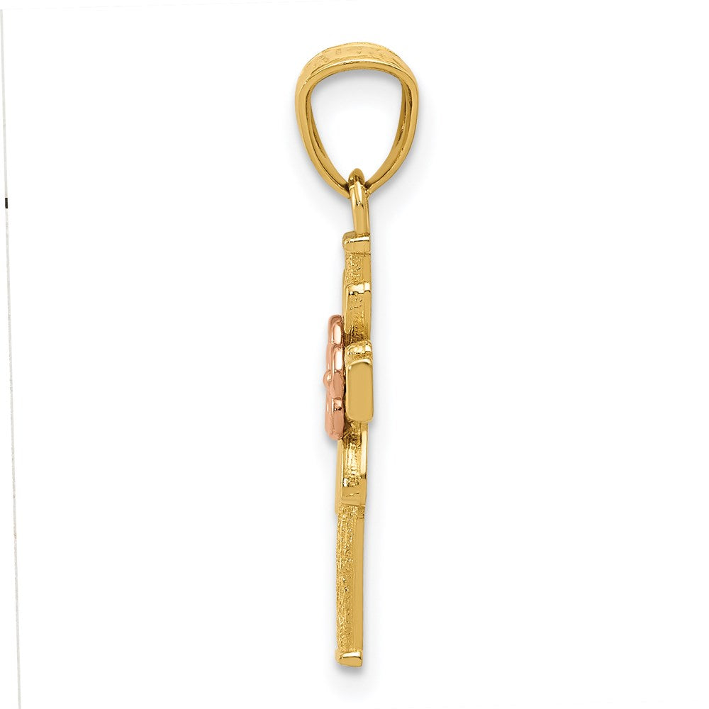 14K Two-tone Polished D/C Cross w/Flower Pendant - Product Photo